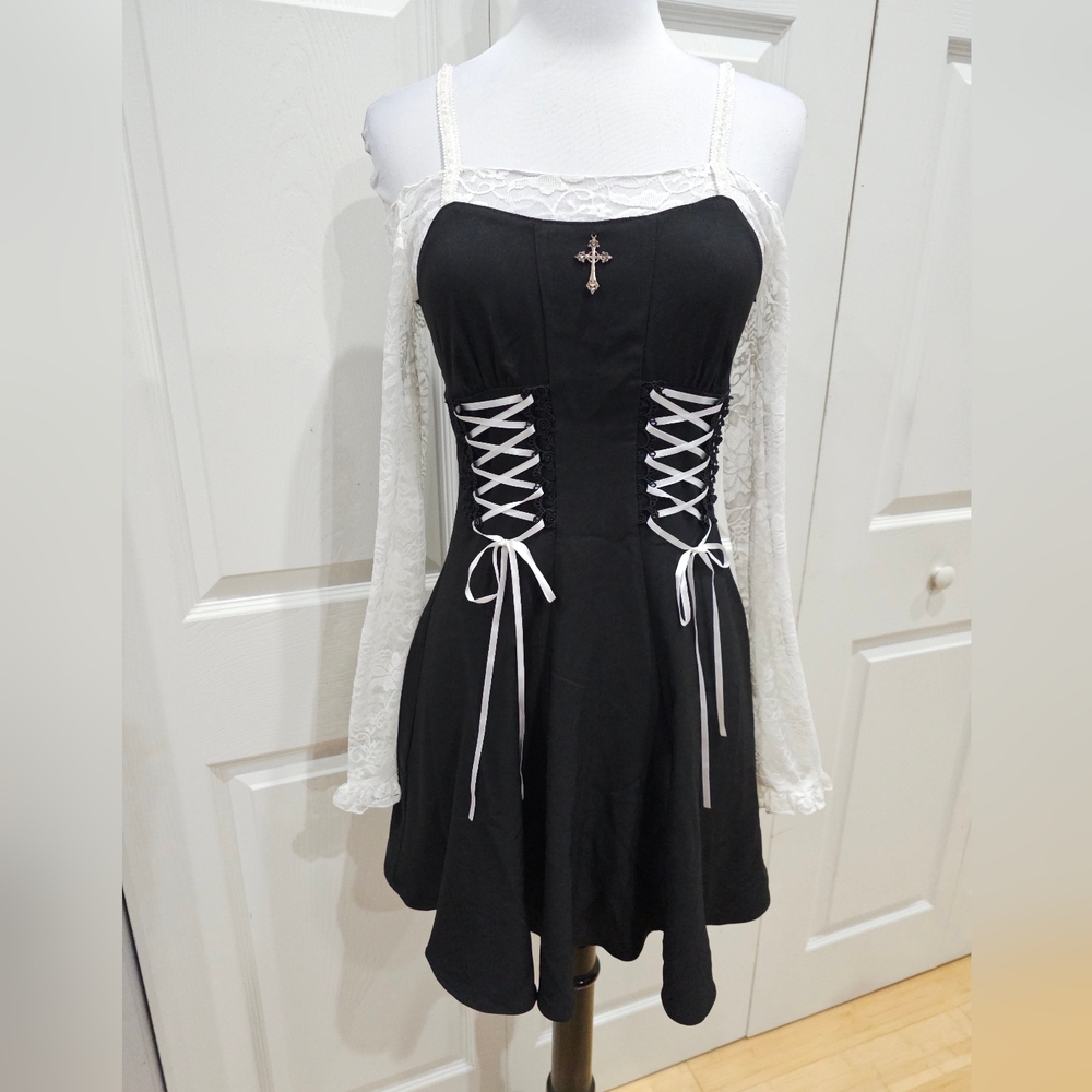 Dolls Kill Goth Dark In Love Black White Princess Contrast Lace up Mini Dress S